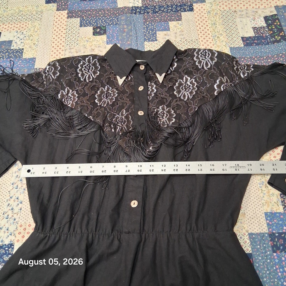Vintage 80s Lilia Smith Dress Womens Large Black Lace Fringe Western Rodeo Maxi - Picture 8 of 12